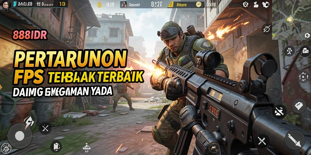 Screenshot menggambarkan aksi intens dalam permainan FPS 888IDR.