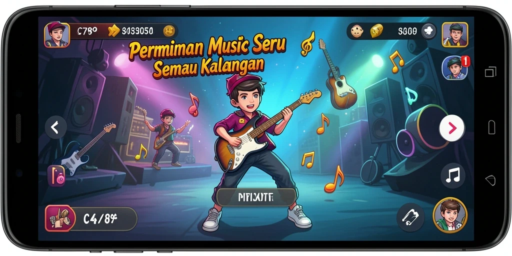 Tampilan gameplay C789 dengan antarmuka menarik dan beragam lagu.