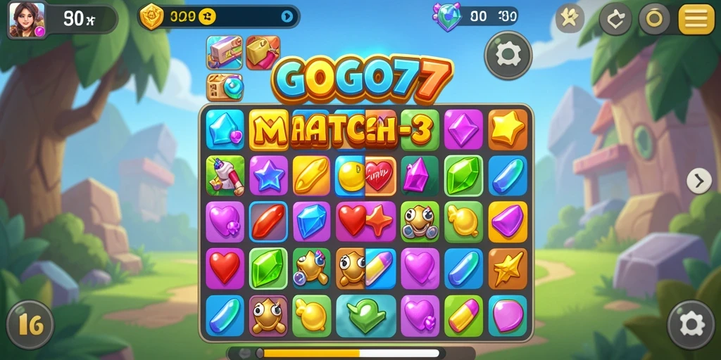 Tampilan permainan GOGO77 menampilkan keseruan mencocokkan objek Match-3.
