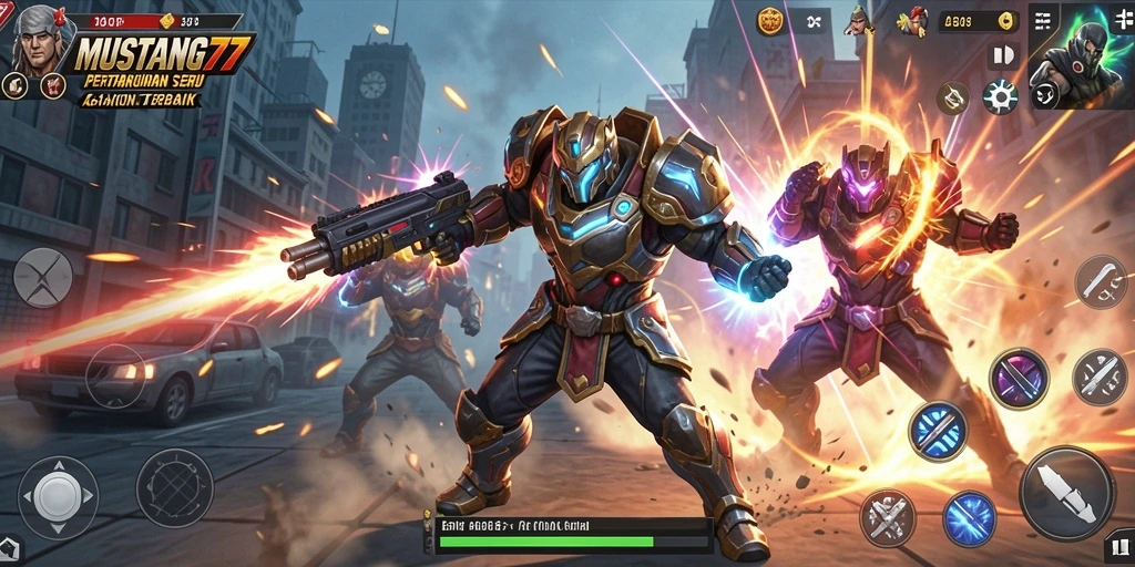 Screenshot gameplay seru dari MUSTANG77 dengan pertarungan action.