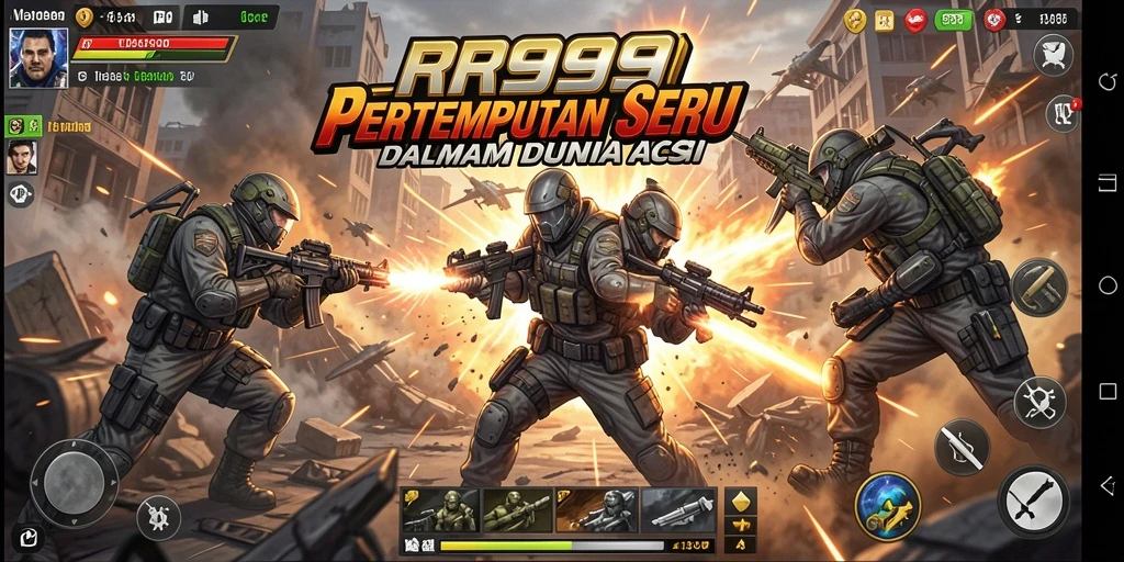 Screenshot gameplay RR999 menampilkan aksi pertempuran yang seru dan dinamis.
