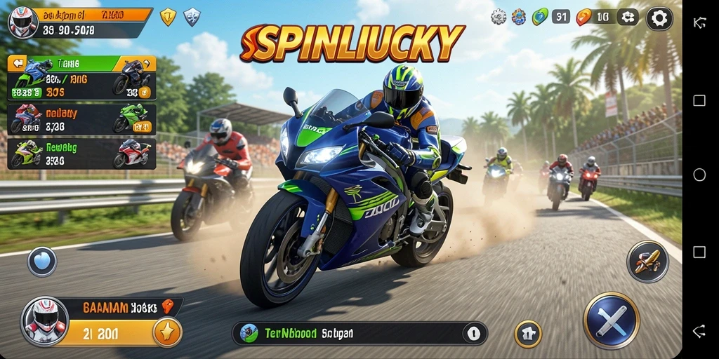 Tampilan gameplay SPINLUCKY dengan motor balap yang penuh aksi.