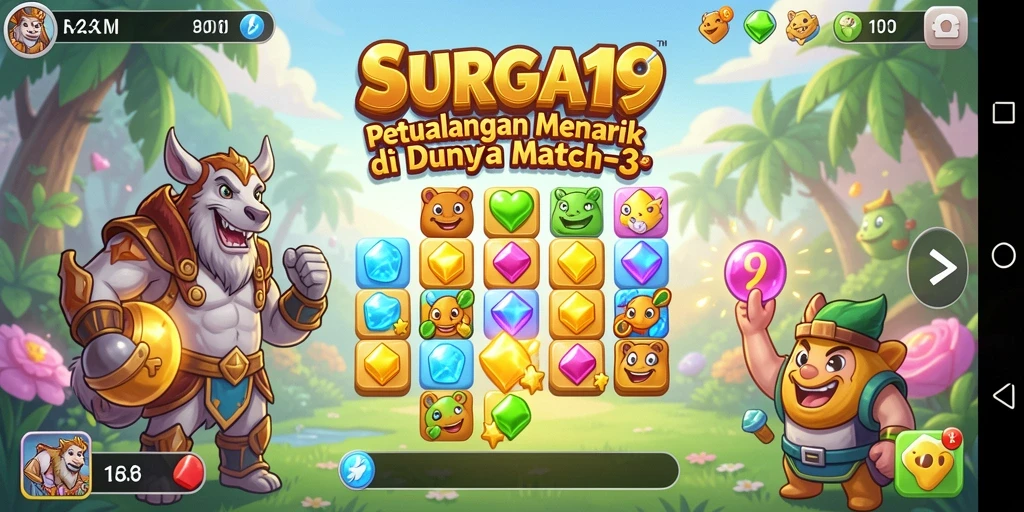 Screenshot menunjukkan gameplay seru dari SURGA19 dengan permata berwarna-warni.