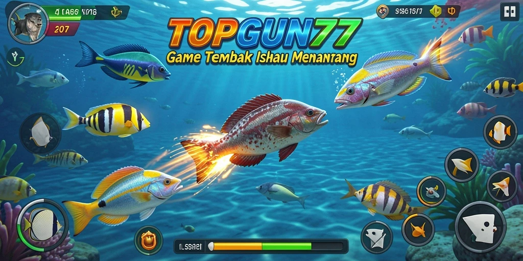 Screenshot gameplay <strong>TOPGUN77</strong> menampilkan aksi tembak ikan yang seru.