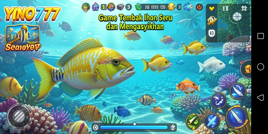 Screenshot gameplay YONO777 menampilkan aksi menembak ikan yang seru.