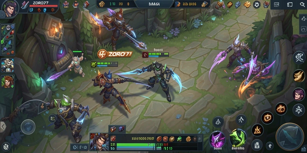 Screenshot gameplay ZORO77 menunjukkan pertarungan seru antar tim.